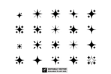 A collection of twenty five different black star icons arranged on a light background in a grid pattern