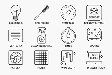 Essential appliance symbols: light bulb, coil brush, temperature dial, defrost, cleaning tools