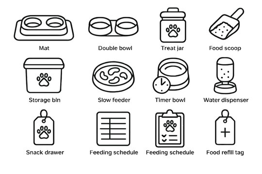 Pet supplies icons: mat, double bowl, treat jar, food scoop, storage bin, slow feeder