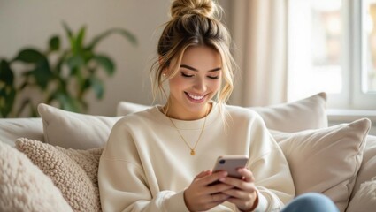 Young woman with blonde hair in a messy bun smiling while texting on her phone while relaxing on a sofa