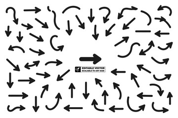 A collection of black arrows and circles pointing in different directions on a white background plane