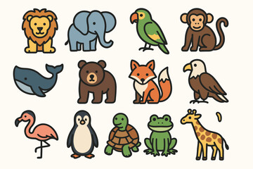 Obraz premium Colorful cartoon animal collection featuring lion, elephant, parrot, and more