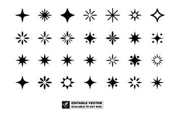 A collection of twenty four different black star shapes arranged on a light gray background in a grid pattern