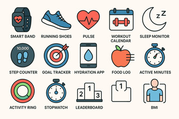 Fitness icons: smart band, running shoes, sleep monitor, workout calendar, step counter