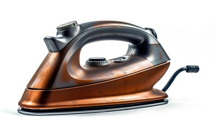 Retro Electric Iron with Metallic Finish on White Background

