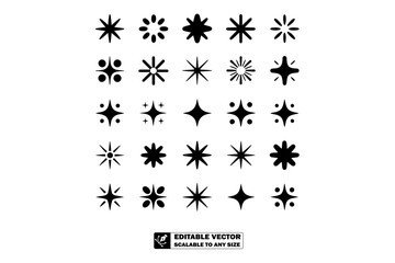 A collection of twenty four different black star shapes arranged on a light gray background in a grid pattern