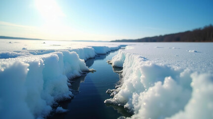 Obraz premium A beautiful landscape view of a frozen lake with a large crack in the middle, showing the cold water beneath