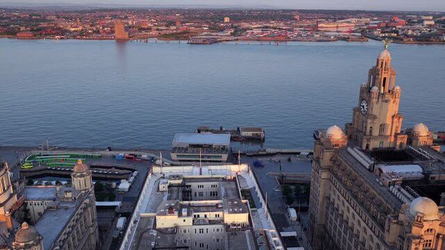 Aerial video featuring Birkenhead docks in the morning from the vantage point of Liverpool. 