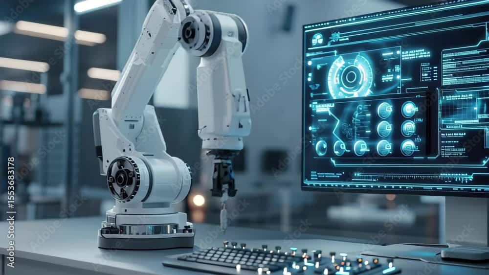 Poster innovative digital engineering technology showcased in a modern workspace with robotic automation an