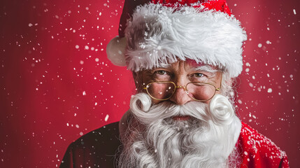 Man in a red hat and glasses with a big beard and mustache is smiling. He is dressed as Santa Claus
