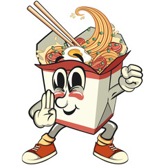cute chinese noodles box mascot cartoon vector in martial arts stance pose, kawaii ramen takeout character with chopsticks, isolated food illustration for asian cuisine design, work of hand drawn