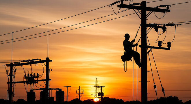 Power Plant at High Altitude: Lineman Silhouette