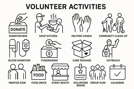 Volunteer activities icons: donation, soup kitchen, fundraising, community outreach, care package