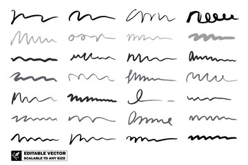 Collection of black ink squiggles and lines arranged in a grid pattern on a white background surface