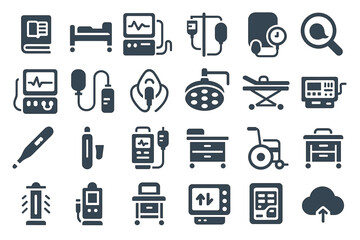 Medical equipment icons: bed, monitor, wheelchair, thermometer, ventilator, scan, stretcher