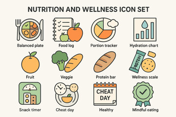 Nutrition and wellness icon set featuring balanced plate and portion tracker