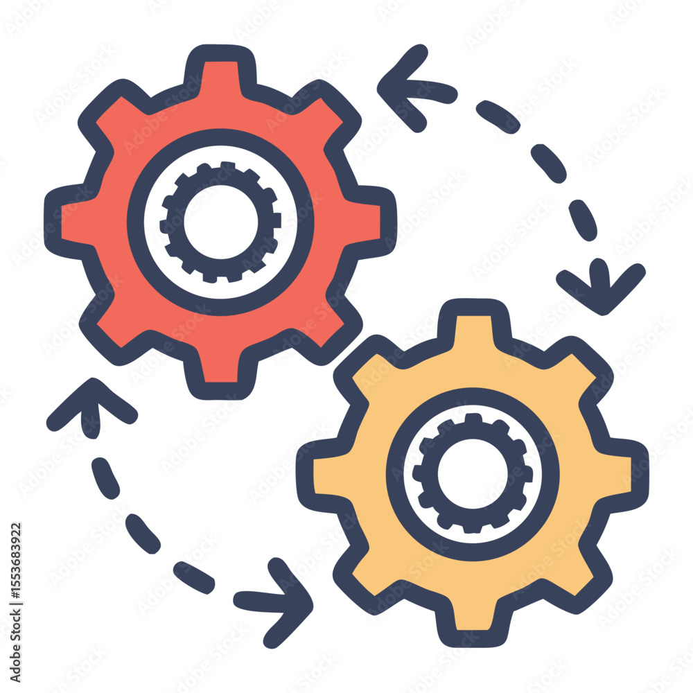 Poster two interlocking gears in red and yellow with circular arrows indicating movement and process on tra