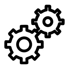 Two interlocking gears depicted in a simple black and white line drawing illustration style on transparent background
