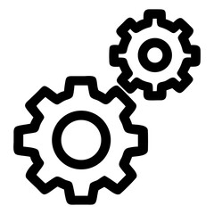 Two interlocking gears depicted in a simple black and white vector graphic illustration on transparent background