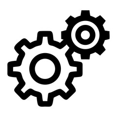 Two interlocking gears in black and white representing mechanical processes and engineering design on transparent background
