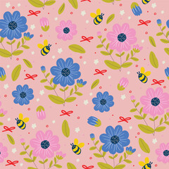 Seamless vector spring pattern with bees, flowers, and blossoms. Cute floral girly background.