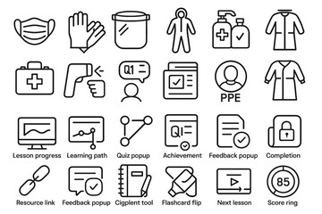 Vector icons: ppe, health safety, e-learning, and progress symbols