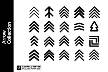 A collection of various black arrow icons pointing in different directions on a white background plain image