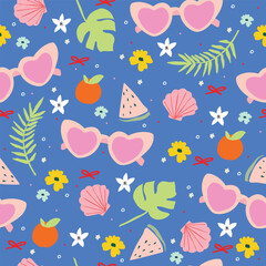 Seamless vector summer pattern with fruits, sunglasses, tangerines, citrus, palm leaves, sea shells, flowers, and bows. Cute tropical girly background.