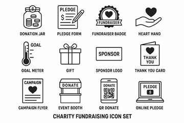 Charity fundraising icon set: donation jar, sponsor logo, qr donate, heart hand, thank you card