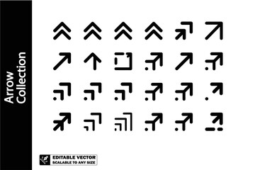 A collection of various black arrow icons pointing in different directions on a white background plain image