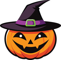 Cartoon Halloween Pumpkin Wearing a Witch Hat with a Smiling Face