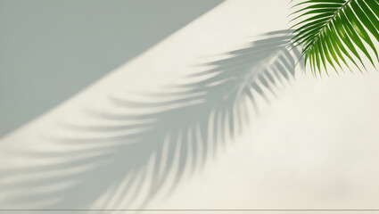 background with blurred foliage shadow on white wall and palm leaves