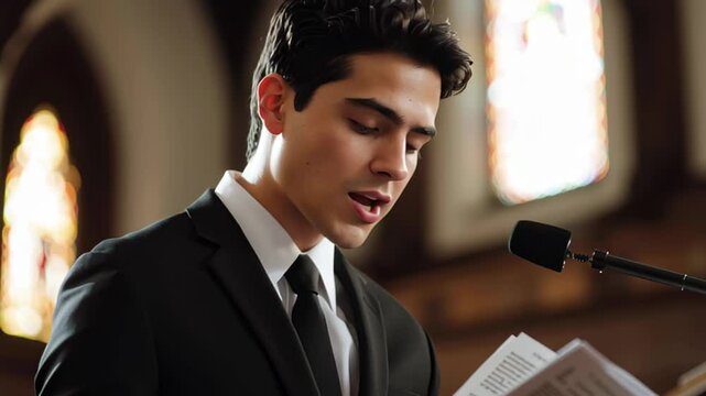 Young man delivers a powerful sermon from the pulpit in a church setting, Young man in black suit preaching in church at pulpit with bible