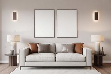 Modern living room with a comfortable sofa and two blank picture frames on the wall