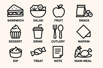 Icons set: sandwich, salad, fruit, snack, dessert, drink, cutlery, napkin, dip, treat, note, main meal