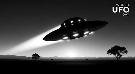 Fototapeta premium Unidentified Flying Object Stealthily Glides Through Dusk Sky Observing Remote Landscape Below