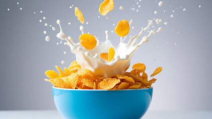 Milk Splashing onto Cornflakes in a Blue Bowl: Vibrant, Fresh, and Delicious Breakfast Cereal Image