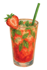 Watercolor vector illustration of Strawberry Mojito cocktail. Isolated on white background.