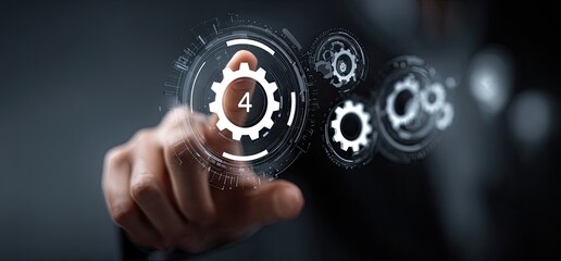 Hand interacting with a digital interface showing gears and the number four