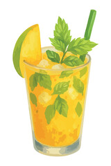  Watercolor vector illustration of Mango Mojito cocktail. Isolated on white background.