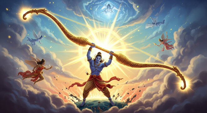 Lord Rama holding Shiva Dhanush about to break
