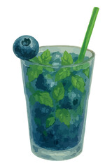 Watercolor vector illustration of Blueberry Mojito cocktail. Isolated on white background.