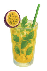  Watercolor vector illustration of Passion Fruit Mojito cocktail. Isolated on white background.