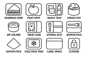Icons for food storage and organization: sandwich, fruit, snack, veggie, napkin, utensil, lock