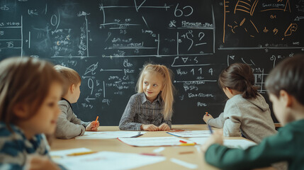 AI generator images of Primary Maths ,Children in classroom raising hands to answer question on blackboard, Diverse student writing engineering code or prompt at blackboard erudition World Math Day