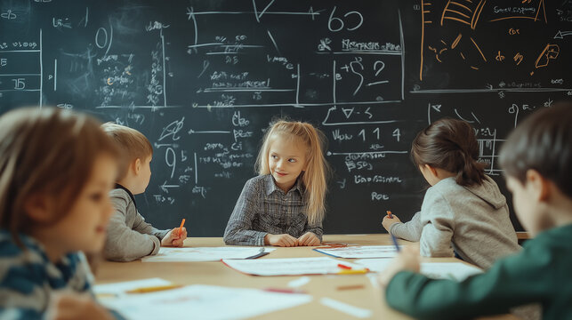 AI generator images of Primary Maths ,Children in classroom raising hands to answer question on blackboard, Diverse student writing engineering code or prompt at blackboard erudition World Math Day - Powered by Adobe