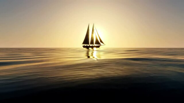 Majestic sailing ship silhouette at sunset, vintage schooner on calm ocean waters, golden hour nautical landscape for travel and adventure concepts
