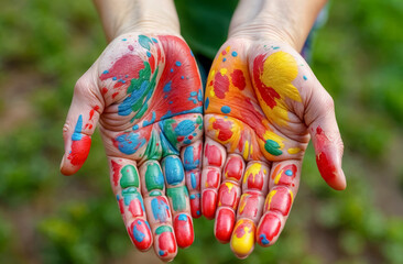 Hands covered in vibrant paint showcase artistic expression and creativity. The outdoor atmosphere, filled with green grass, enhances the playful mood of the activity.