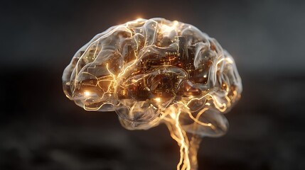 Transparent robot brain showing active neural processing and glowing data flows, artificial general intelligence visualization, ultra-realistic 