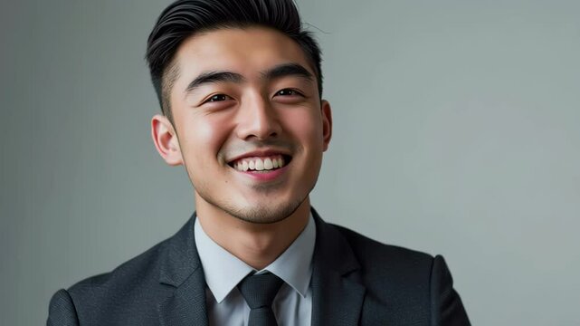 Young handsome Asian businessman smiles confidently in a modern office environment, Young handome asian businessman smiling isolated in studio